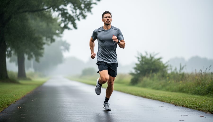 Person jogging steadily on a wet path in overcast weather