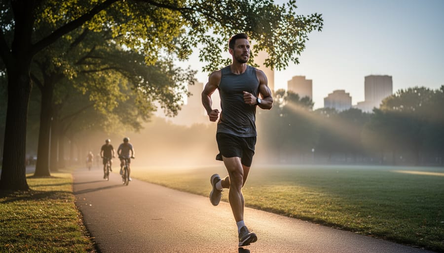Runner jogging on a park path during sunrise with warm golden light.