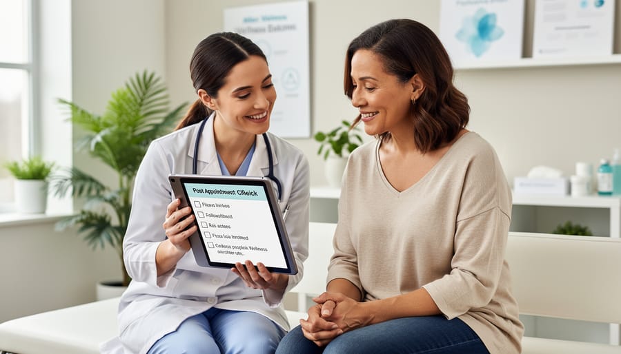 Two people standing outside a clinic entrance with a supportive, reassuring conversation.