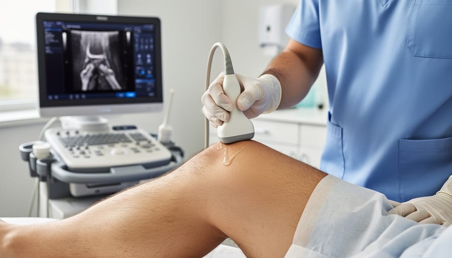 Technologist preparing an ultrasound probe and gel in a clinical setting